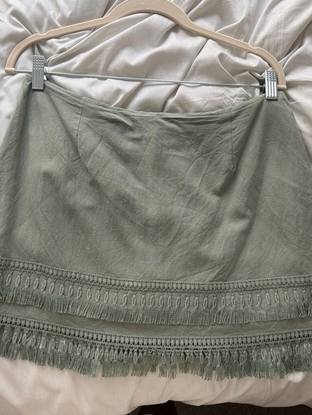 Lulu's Sage Green Mini Skirt with Fringe Trim